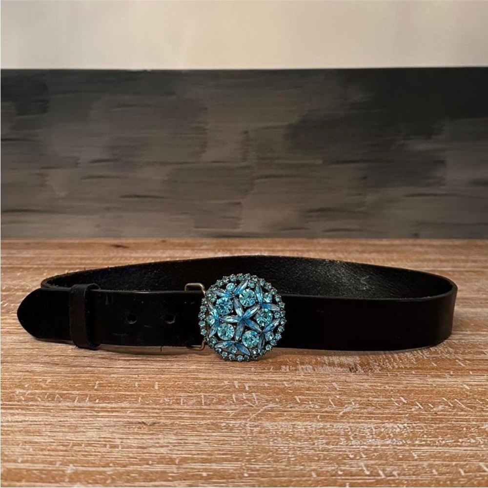 Elegant Black Belt with Blue Gemstone Buckle